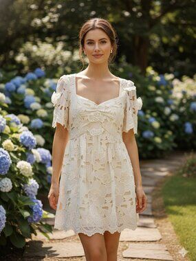 NEW AROSE STUDIO Amelia 3D Floral Short Sleeve Chinched Bust Mini Dress